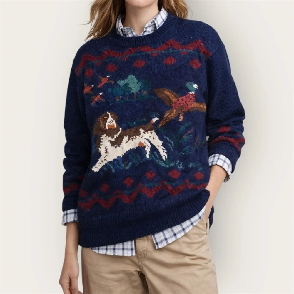 Vintage Charter Club 100% Wool navy crewneck knit sweater with duck and dog - Picture 1 of 2